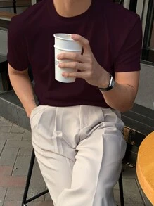 DAZY Nam Mùa hè Màu thuần Áo thun - Màu Đỏ Sâu - Xem 4