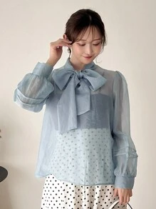 FRIFUL 女式超大领结透视衬衫 - 淺藍色 - 查看 3