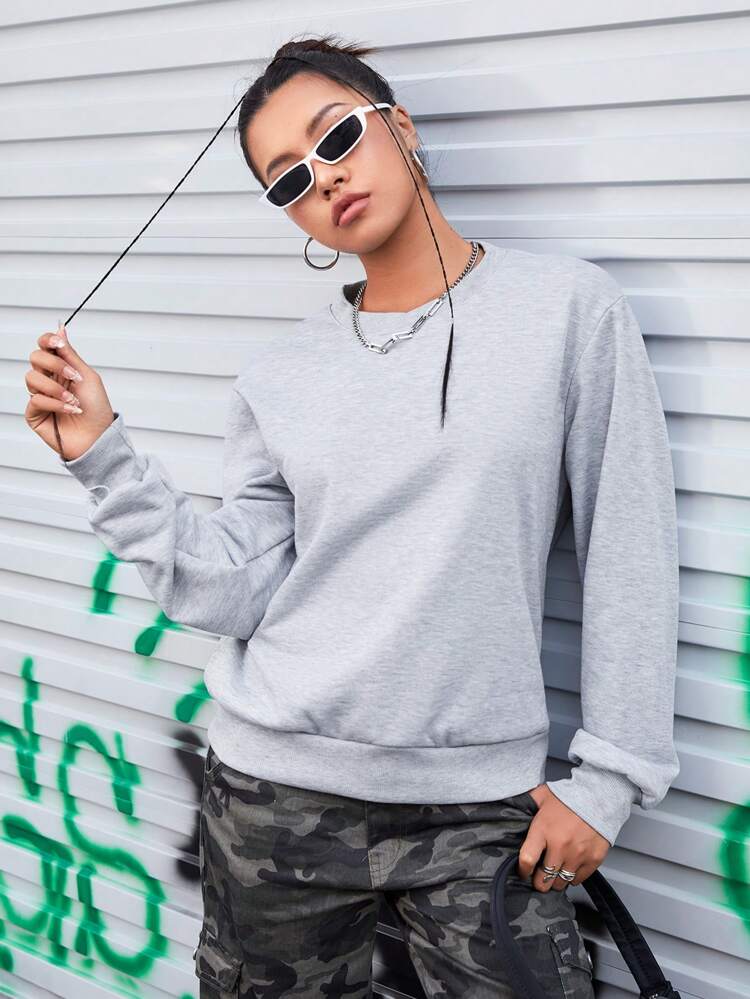 Solid Colored Drop Shoulder Sports Sweatshirt