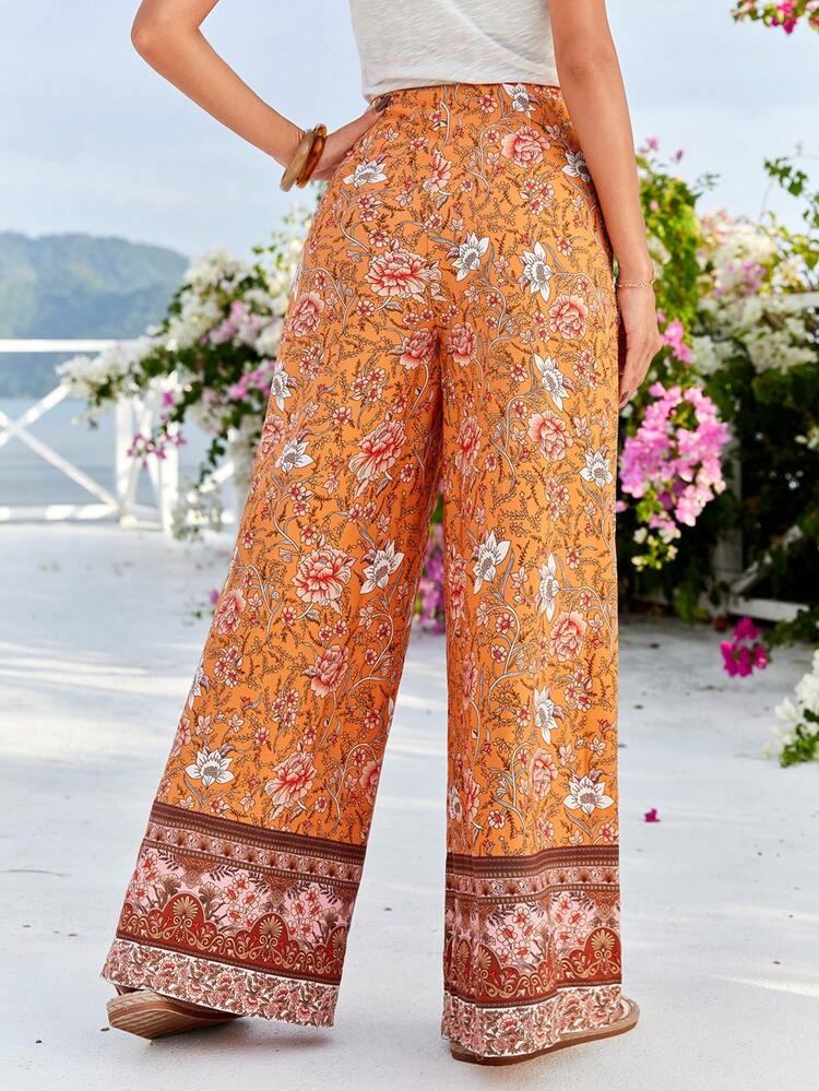 Floral Print Front Knot Wide Leg Pants