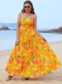 SHEIN VCAY 大尺碼女士夏季海灘度假用熱帶植物印花長背心連衣裙 - 彩色 - 查看 4