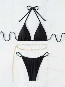 SHEIN Swim 女士比基尼套装（微三角杯，随机饰品）夏季 - 黑色 - 查看 3