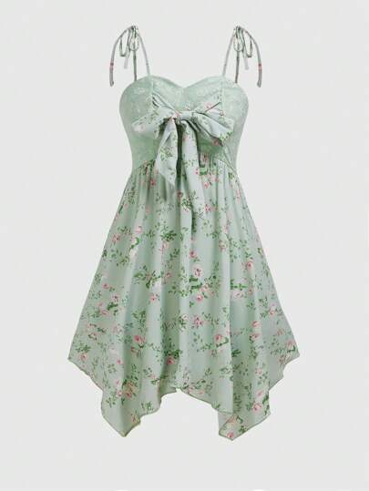 Fairycore Ladies' Printed Dress With Large Bow And Lace Patchwork On Asymmetrical Hem