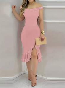 ChicMe Off Shoulder Beaded Ruffle Hem Bodycon Midi Dress Sexy Party Elegant Fashion Outfit Pink Summer - Pink - View 1