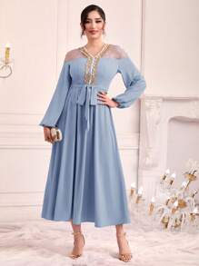 Modelyn Women's Patchwork Lace Floral Decoration Lantern Sleeve Arabian Dress - Blue - View 4