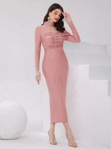Modelyn Women's Asymmetrical Neckline Pleated Bodycon Dress - Pink - View 5