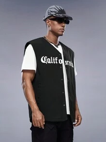 Manfinity VCAY Loose Letter Print Graphic Patch Detail Winter Vest For Men - Black - View 4