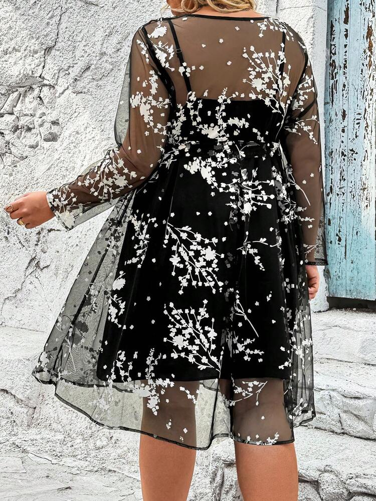 Plus Size Women's 2pcs/Set Plant Mesh Long Sleeve Dress And Cami Dress