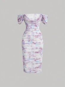 SHEIN MOD 女式露肩綁染短袖連身裙