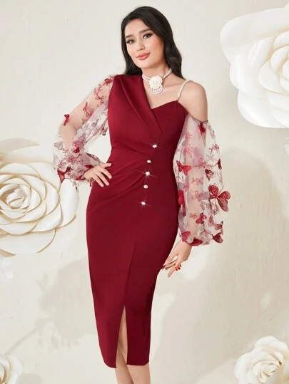 Modelyn 勃艮第红蝴蝶刺绣透明网眼撞色开衩连衣裙长款晚礼服