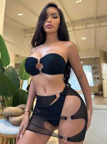 SHEIN Swim 女士纯色露肩比基尼套装夏季海滩 - 黑色 - 查看 8