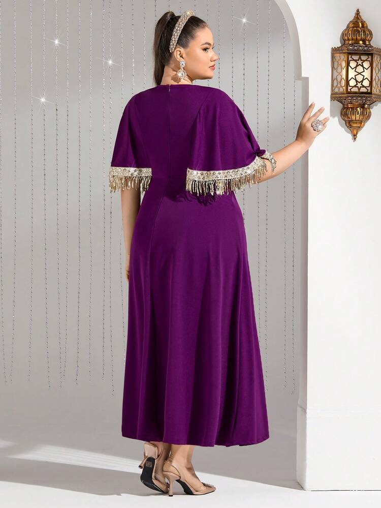Plus Size Tassel Decorated Dress With Woven Trim,Elegant Evening Party Dress Long Evening Dresses