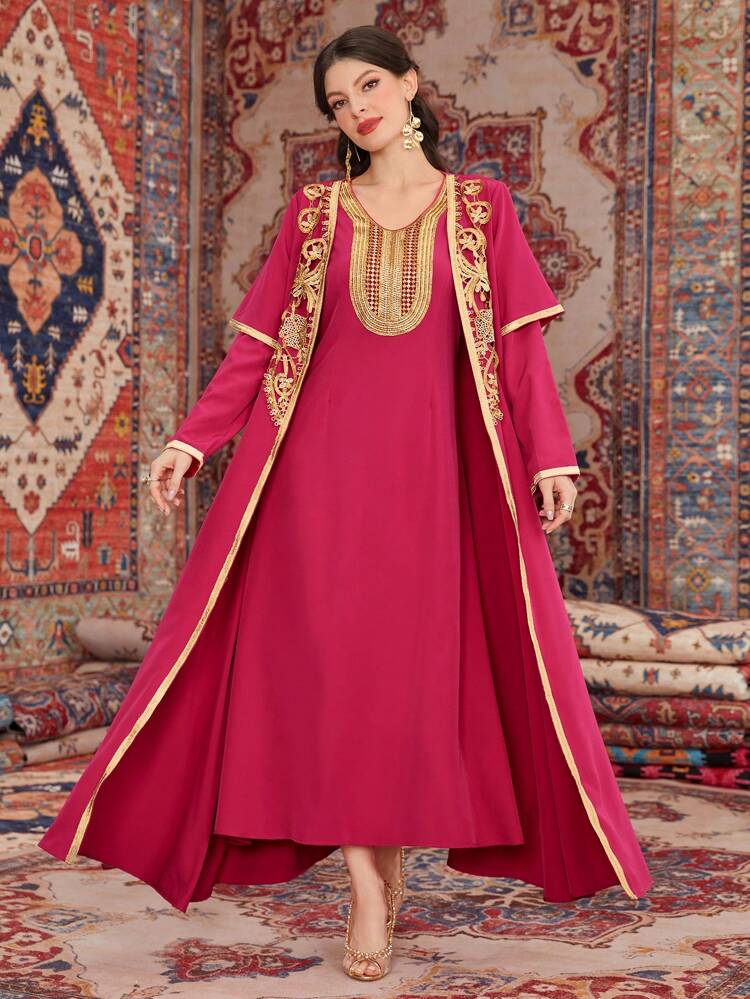 Women's Floral Decor Long Sleeve Outerwear And Dress Two Pieces Set 2 Pieces Set