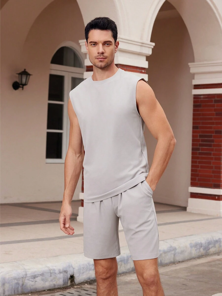 Manfinity Homme Men's Solid Color Loose Fit Casual Tank Top And Shorts Set - Grey - View 1