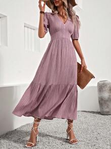 SHEIN Clasi Solid Color Textured Empire Waist Dress With Ruffle Hem - Dusty Pink - View 2