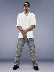 Manfinity RebelGame Locker sitzendes Herren Slogan Grafik Oversized T-Shirt - Weiss - Übersicht 5