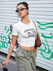 SHEIN Sports Floral And Letter Pattern Cropped Sports T-Shirts