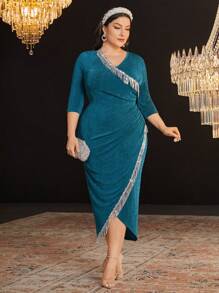 Modelyn Robe Drapée Ruchée Grande Taille À Paillettes Et Franges