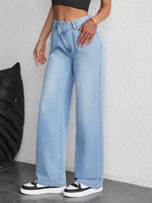 SHEIN Essnce 女士牛仔裤中腰浅蓝色直筒重叠腰宽松轻便时尚女式牛仔裤 2024 年 - 淺色水洗藍 - 查看 3