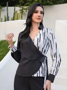 Mulvari Women's Striped Color Block Long Sleeve Shirt