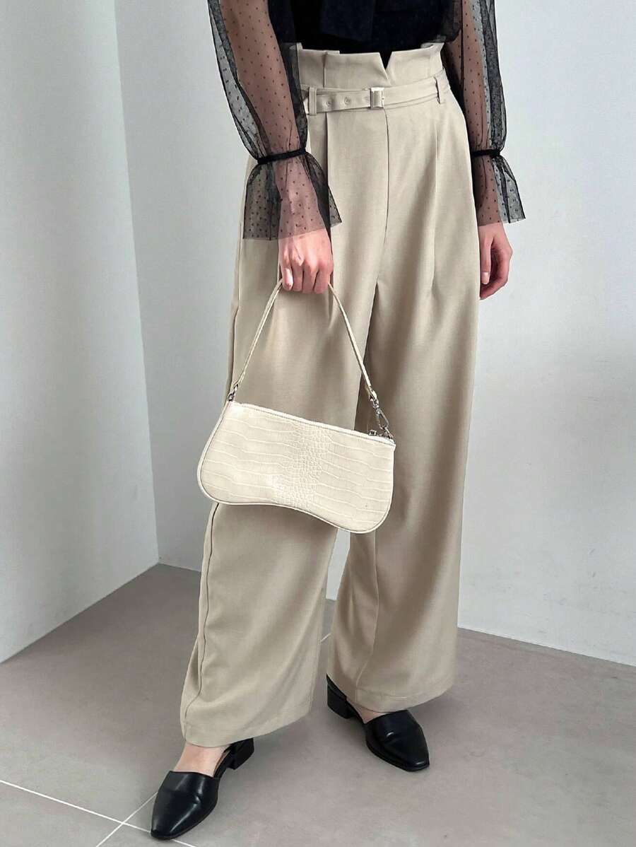 FRIFUL Women's Plain High-Waist Pleated Wide-Leg Pants Business Attire - Apricot - View 1