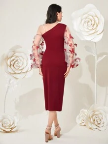 Modelyn Burgundy Red Butterfly Embroidery Sheer Mesh Contrast Slit Dress Long Evening Dresses