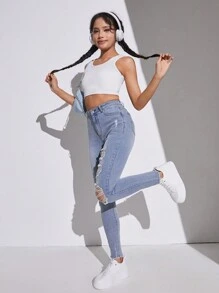 SHEIN Teen Girl Distressed Jeans - Light Wash - View 4