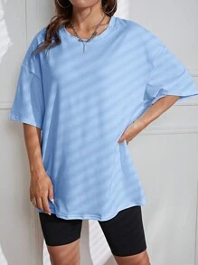 INAWLY Màu thuần Lỏng lẻo phù hợp Áo thun Với Vòng cổ Và Đôi vai - Màu xanh nhạt - Xem 6