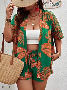 SHEIN Clasi Plus Size Boho Random Printed Drop Shoulder Sleeve Top And Shorts Two Pieces Set, For Summer - Green - View 3