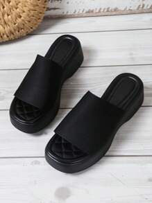 女士时尚透气网眼坡跟一脚蹬穆勒鞋，2024 年春夏新款格子图案设计，舒适休闲拖鞋