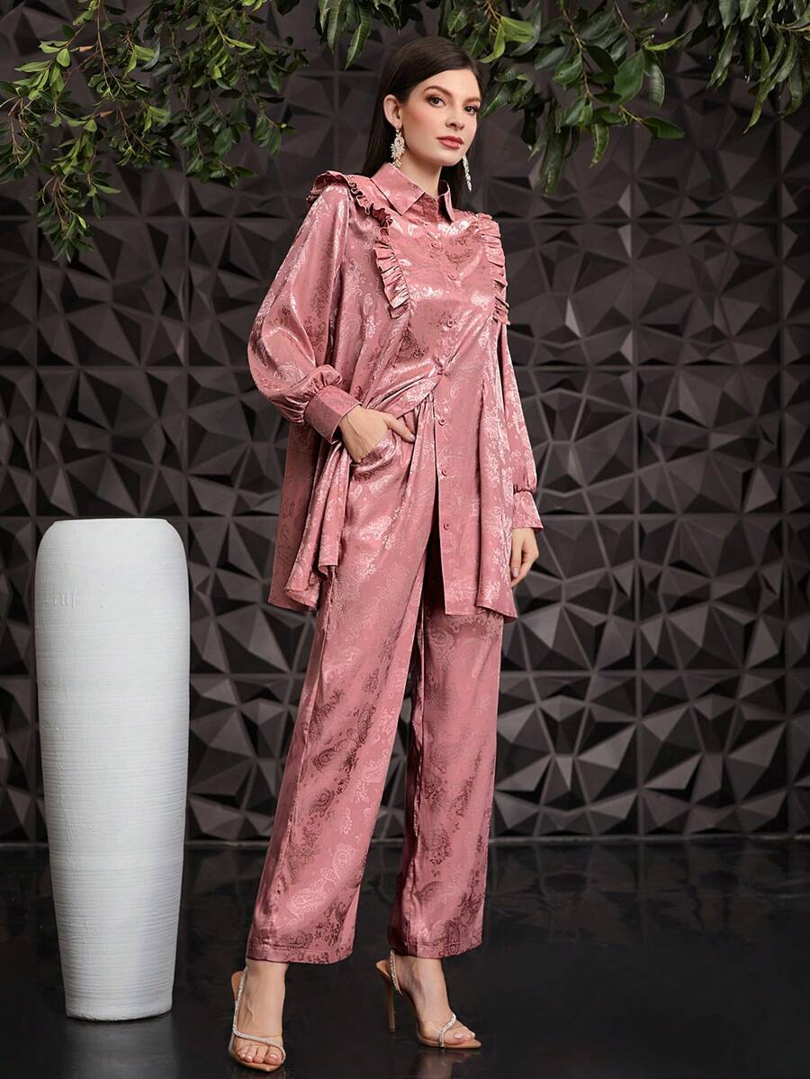 Modelyn 女士提花长袖衬衫和裤子两件套 2 件套 - 藕粉色 - 查看 1