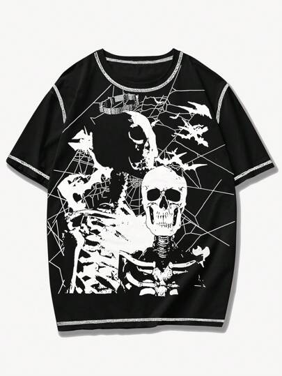 Goth Camiseta Para Hombre Con Estampado De Cráneo Y Costuras Expuestas