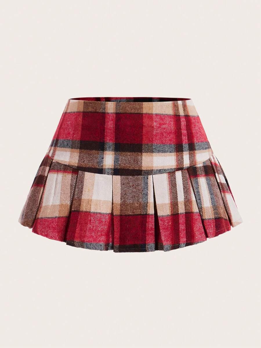 SHEIN EZwear Plaid Pleated Skirt For Autumn And Winter - Red - View 1