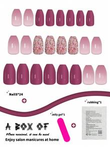 Obtenga el conjunto de  de 24 uñas postizas de forma de almendra mediana y larga, elegantes con efecto de degradado rosa y morado, con brillo y acabado brillante, adecuadas para fiestas, bailes y uso diario. Suministros de uñas de presión total. uñas falsas uña falsa uña acrílica