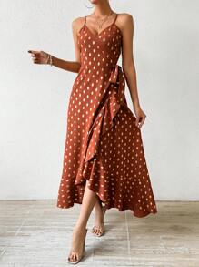 SHEIN Clasi Vestido Con Tirantes De Espagueti Con Estampado De Lunares Y Sobrefalda Con Volantes - Rojo - Ver 6