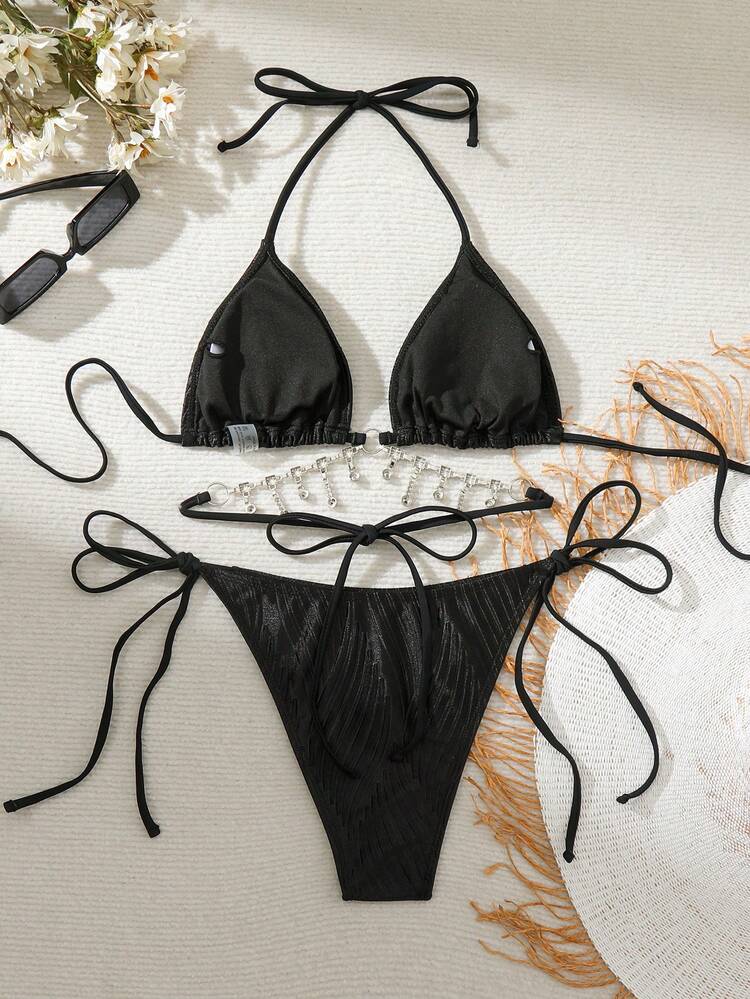 Women's Black Chain Halter Strap Separated Bikini Set, Bikini Set Swimwear Bathing Suit Beach Outfit Music Festival Summer Vacation Summer Beach