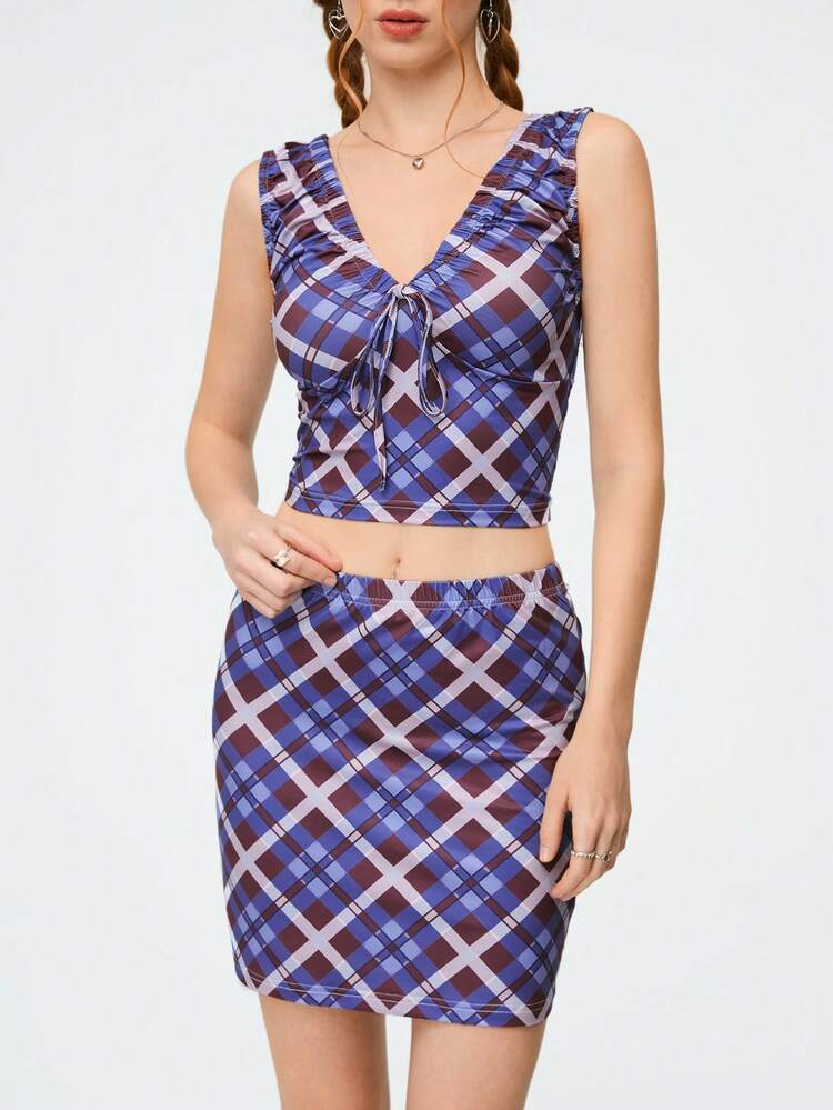Ladies' Two Piece Set With Plaid Vest And Skirt
