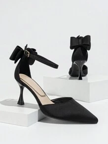 Zapatos de tacón alto para mujer con moño y correa de tobillo, punta afilada, elegantes tacones negros para fiesta, vacaciones, moda y San Valentín - Negro - Ver 5