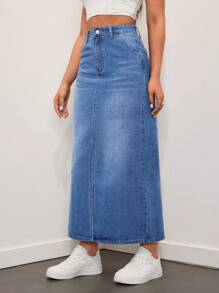 SHEIN EZwear 洗水休閒直筒牛仔裙 - 中等水洗藍 - 查看 3