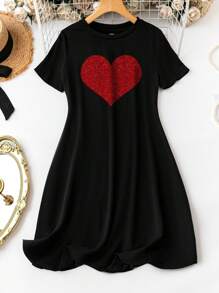 SHEIN LUNE 心形图案休闲修身圆领短袖大码女式连衣裙，夏季 - 黑色 - 查看 1