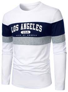 Manfinity Homme Men Casual Letter Printed Long Sleeve Color Block T-Shirt, For Going Out, For Husband, For Fall - White - View 3