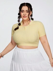 SHEIN Qutie 大尺碼女士春季基本款淺黃色短袖針織上衣 - 黃色 - 查看 5