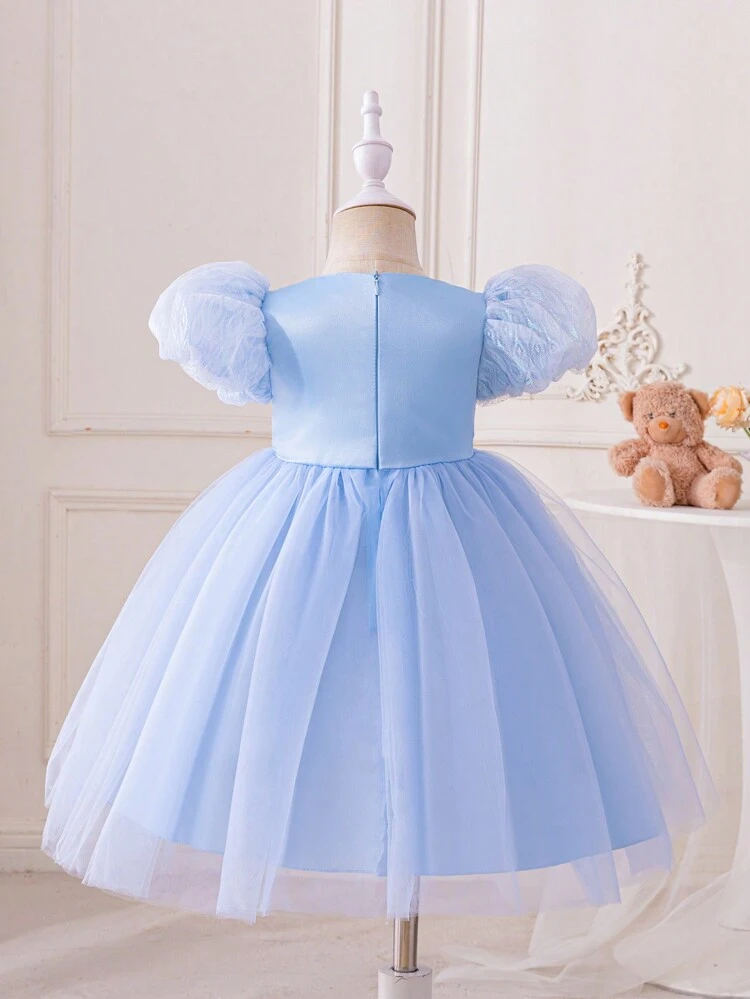 Baby Girls' Puff Sleeves Tulle Dress With Iridescent Bead Decoration, Princess Party Outfit