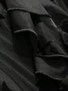 DAZY 植绒提花V领荷叶边下摆喇叭袖侧开衩连衣裙，生日舞会礼服，秋季长袖连衣裙，优雅女士连衣裙 - 黑色 - 查看 4