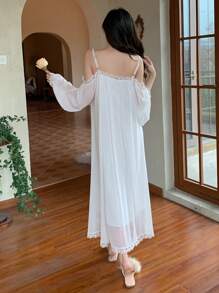 DAZY Lace Patchwork Sheer Mesh Pleated Nightgown With Cut-Out Shoulders Summer Pajama, Moo Moo