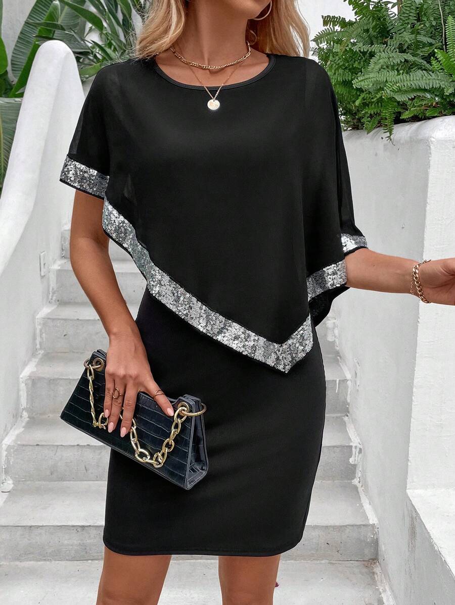 EMERY ROSE 女士修身款拼接亮片網紗洋裝 - 黑色 - 查看 1