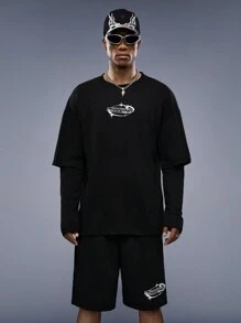 Mainfolk Men's Letter Printed Hollow Out Sleeve T-shirt With Shorts Set - Black - View 1