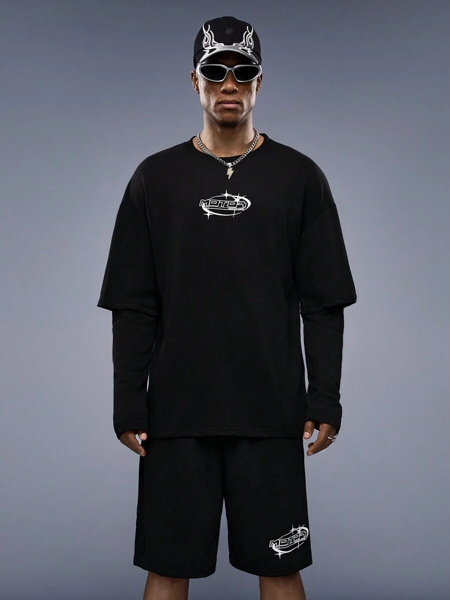Mainfolk Men's Letter Printed Hollow Out Sleeve T-shirt With Shorts Set - Black - View 1