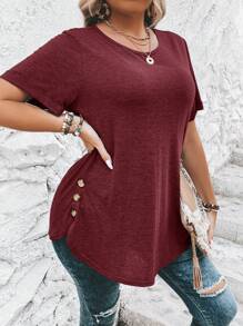 SHEIN Clasi Plus Size Button Detail Curved Hem T-Shirt - Burgundy - View 6