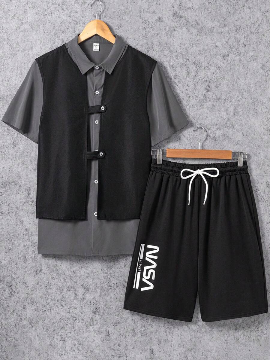 青少年男孩休閒街頭風格襯衫,背心和印字短褲套裝 - 彩色 - 查看 1